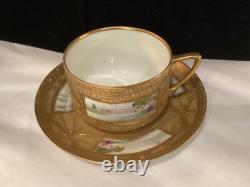 Rare Antique Set Of (6) Handpainted Jeweled Moriage Gilt Cups & Saucers Nr