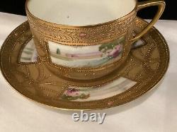 Rare Antique Set Of (6) Handpainted Jeweled Moriage Gilt Cups & Saucers Nr