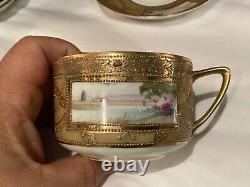 Rare Antique Set Of (6) Handpainted Jeweled Moriage Gilt Cups & Saucers Nr