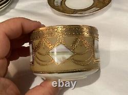 Rare Antique Set Of (6) Handpainted Jeweled Moriage Gilt Cups & Saucers Nr