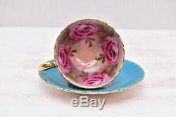 Rare Aynsley Cup Saucer 4 Cabbage Roses Gold England Pink Turquoise Blue