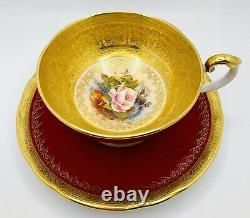 Rare Aynsley Red Bailey Rose EMPEROR Cup & Saucer Encrusted Gold Pedestal Teacup