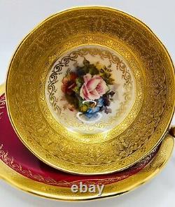 Rare Aynsley Red Bailey Rose EMPEROR Cup & Saucer Encrusted Gold Pedestal Teacup