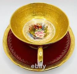 Rare Aynsley Red Bailey Rose EMPEROR Cup & Saucer Encrusted Gold Pedestal Teacup