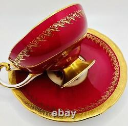 Rare Aynsley Red Bailey Rose EMPEROR Cup & Saucer Encrusted Gold Pedestal Teacup