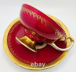 Rare Aynsley Red Bailey Rose EMPEROR Cup & Saucer Encrusted Gold Pedestal Teacup