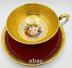 Rare Aynsley Red Bailey Rose EMPEROR Cup & Saucer Encrusted Gold Pedestal Teacup