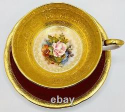 Rare Aynsley Red Bailey Rose EMPEROR Cup & Saucer Encrusted Gold Pedestal Teacup