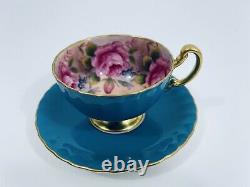 Rare Aynsley Teal Blue Tea Cup & Saucer, 4 Pink Cabbage Roses Inside, Gold Gilt