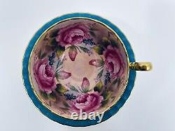 Rare Aynsley Teal Blue Tea Cup & Saucer, 4 Pink Cabbage Roses Inside, Gold Gilt