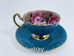 Rare Aynsley Teal Blue Tea Cup & Saucer, 4 Pink Cabbage Roses Inside, Gold Gilt