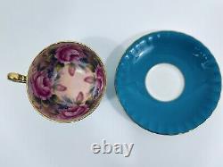 Rare Aynsley Teal Blue Tea Cup & Saucer, 4 Pink Cabbage Roses Inside, Gold Gilt