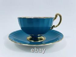 Rare Aynsley Teal Blue Tea Cup & Saucer, 4 Pink Cabbage Roses Inside, Gold Gilt