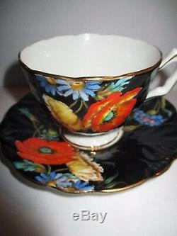 Rare Aynsley cup saucer. Black. Raised Floral Poppies Gold trim Rego No. 765788