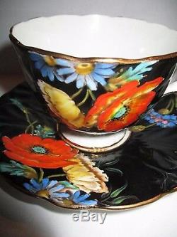 Rare Aynsley cup saucer. Black. Raised Floral Poppies Gold trim Rego No. 765788