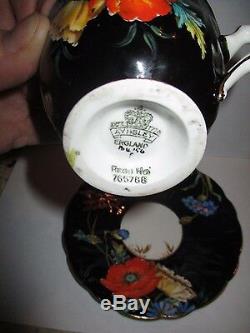 Rare Aynsley cup saucer. Black. Raised Floral Poppies Gold trim Rego No. 765788