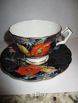 Rare Aynsley cup saucer. Black. Raised Floral Poppies Gold trim Rego No. 765788