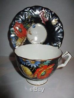 Rare Aynsley cup saucer. Black. Raised Floral Poppies Gold trim Rego No. 765788