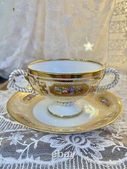 Rare Brown Westhead Moore Cauldon England Rope Handle Soup Cup Saucer set AS IS