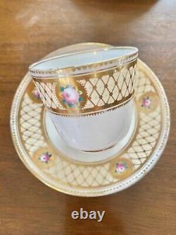 Rare Brown Westhead & Moore Raised Bead Gold HP Flower Tea Cup Saucer Set