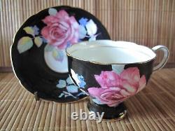 Rare Double Warrant Paragon Pink Cabbage Rose on Black Gold Cup & Saucer