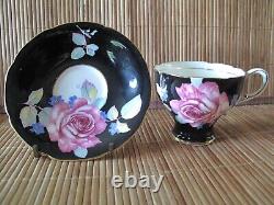 Rare Double Warrant Paragon Pink Cabbage Rose on Black Gold Cup & Saucer