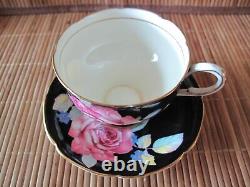 Rare Double Warrant Paragon Pink Cabbage Rose on Black Gold Cup & Saucer