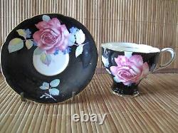 Rare Double Warrant Paragon Pink Cabbage Rose on Black Gold Cup & Saucer