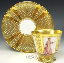 Rare Dresden Hand Painted Portraits Gold Turquoise Jewels Demitasse Cup & Saucer