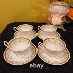 Rare Early Foley China 4 Cup+Saucer Set Gold Greek Key Floral Bone China England