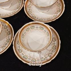 Rare Early Foley China 4 Cup+Saucer Set Gold Greek Key Floral Bone China England