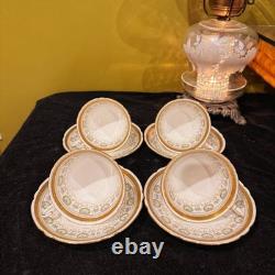 Rare Early Foley China 4 Cup+Saucer Set Gold Greek Key Floral Bone China England
