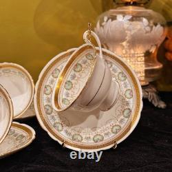 Rare Early Foley China 4 Cup+Saucer Set Gold Greek Key Floral Bone China England