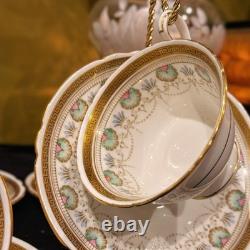 Rare Early Foley China 4 Cup+Saucer Set Gold Greek Key Floral Bone China England