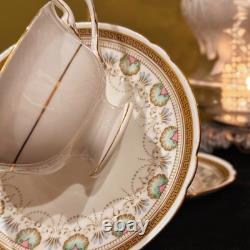 Rare Early Foley China 4 Cup+Saucer Set Gold Greek Key Floral Bone China England