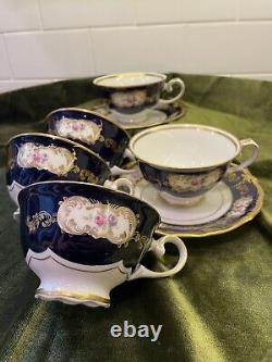 Rare East German Reichenbach Echt Kobalt 4 Tea Cups & 2 Saucers Set Cobalt Blue