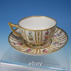 Rare French or Dresden Porcelain Hand Painted Flowers Raised Gold Cup & Saucer