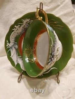 Rare Hand-Painted Dragon Green, White, Gold japanese bone china Cup & Saucer