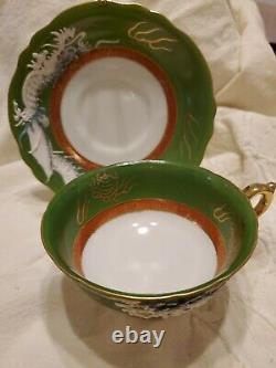 Rare Hand-Painted Dragon Green, White, Gold japanese bone china Cup & Saucer