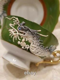 Rare Hand-Painted Dragon Green, White, Gold japanese bone china Cup & Saucer