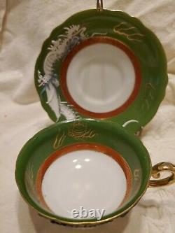 Rare Hand-Painted Dragon Green, White, Gold japanese bone china Cup & Saucer