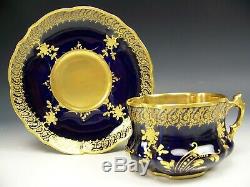 Rare Limoges Hand Painted Raised Gold Roses On Cobalt Blue Tea Cup & Saucer