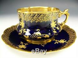 Rare Limoges Hand Painted Raised Gold Roses On Cobalt Blue Tea Cup & Saucer