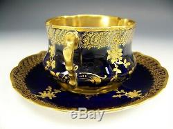 Rare Limoges Hand Painted Raised Gold Roses On Cobalt Blue Tea Cup & Saucer