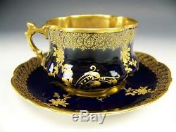 Rare Limoges Hand Painted Raised Gold Roses On Cobalt Blue Tea Cup & Saucer