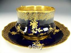 Rare Limoges Hand Painted Raised Gold Roses On Cobalt Blue Tea Cup & Saucer