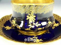 Rare Limoges Hand Painted Raised Gold Roses On Cobalt Blue Tea Cup & Saucer