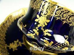 Rare Limoges Hand Painted Raised Gold Roses On Cobalt Blue Tea Cup & Saucer