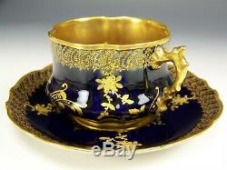 Rare Limoges Hand Painted Raised Gold Roses On Cobalt Blue Tea Cup & Saucer