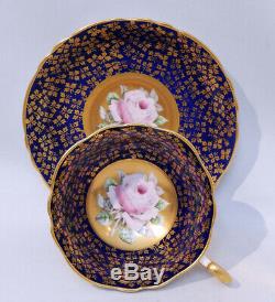 Rare PARAGON FLOATING PINK ROSE CUP & SAUCER COBALT & GOLD Hand Painted c1960s
